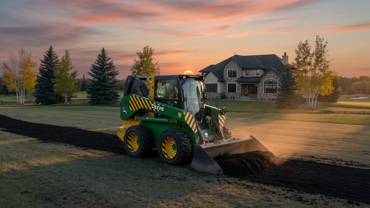 John Deere 334 P-Tier grading topsoil at a luxury Saskatoon estate